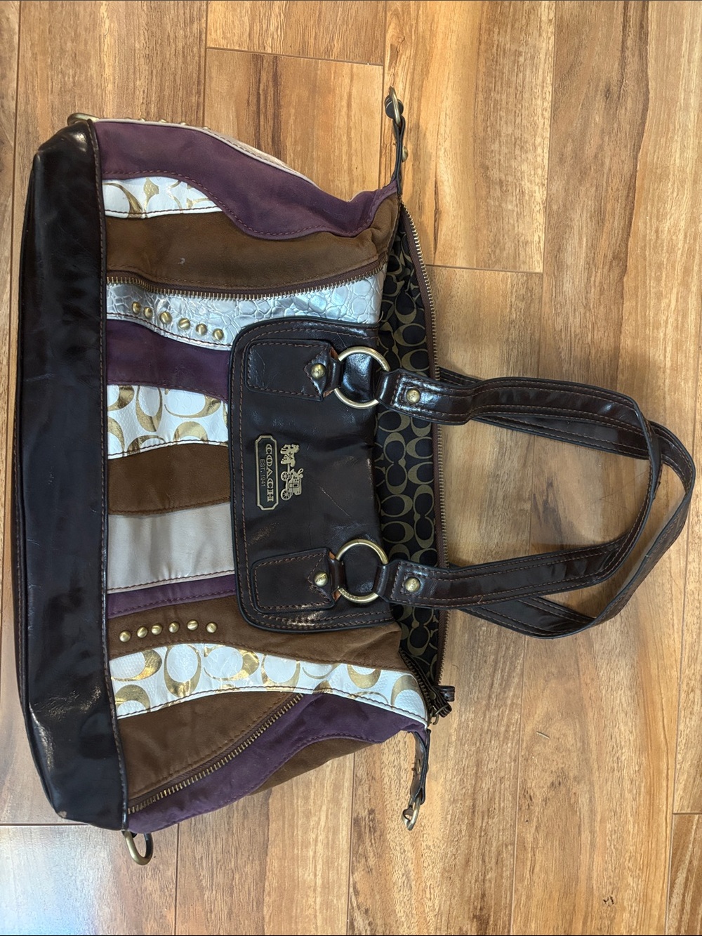 Coach Patchwork Shoulder Bag in Purple, Brown & Gold